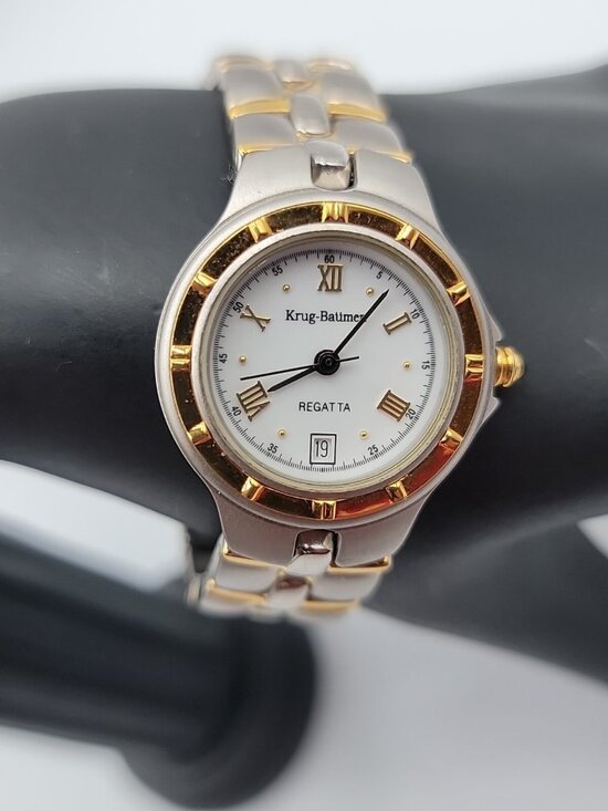 Vtg Krug-Baümen Regatta Ladies Watch Two-Tone 18k Gold Plated Date Quartz 6.5\
